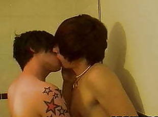Young emo homos have a blowjob competition in the bathroom