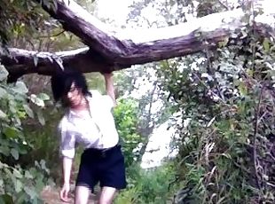 Boy scout in short shorts wanks his twink dick outdoors in the forest and cums on the rocks