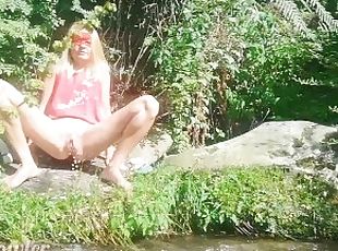 Naughty girl peeing in the jungle stream - almost caught by strangers - Angel Fowler
