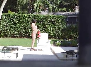 Blessed babes with big tits showcase her medium ass then yelling while her shaved pussy is fucked hardcore outdoor