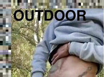 Horny boy pee and wanking outdoor in the woods