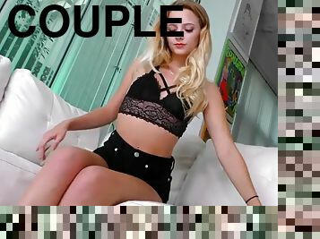 A model in lingerie slowly jerks off a guy in an erotic couple from the first person