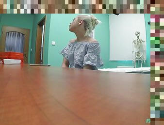 Flat chested babe fucks wildly in the doctors office