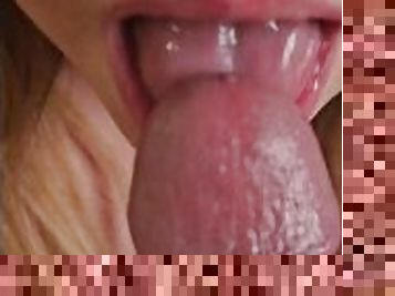 Close-up: I lick his frenulum until he cums in my mouth