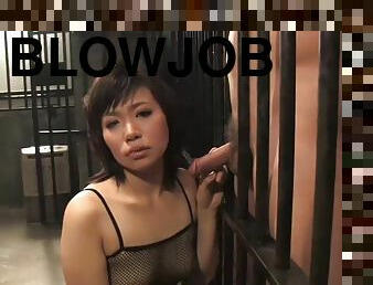Prison prostitute in net suit body give blowie between the rods