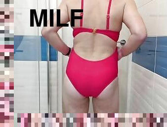 bading, milf, creampie, undertøy, svømmebasseng, fetisj, bikini