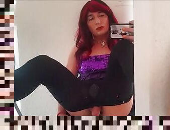 Crossdresser as a female playing with a dildo, cum masturbating +