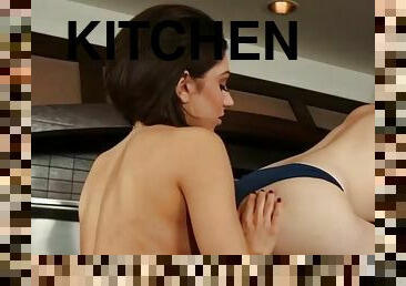 Lesbo models pussy eating in the kitchen