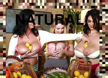 mega tits fruit fun - 3 curvy chubby babes with big naturals in food fetish video