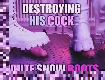 Slave POV of Tamy destroying your cock in white snow boots with an aggressive CBT, bootjob and post orgasm- FH Exclusive