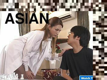 Asian female doctor and nerd teen boy