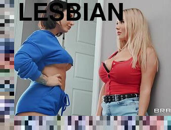 Two curvaceous lesbians with big tits licking all over the house