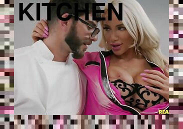 Bearded cook Logan Long fucked Nicolette Shea in the kitchen