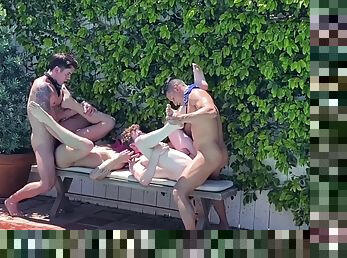Homemade studs enjoy an outdoor bareback orgy in the pool