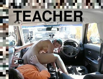 A driving teacher records a learner with a smooth bald pussy in action.