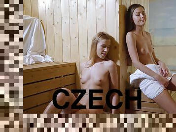 Two beautiful Czech girls having fun in the sauna