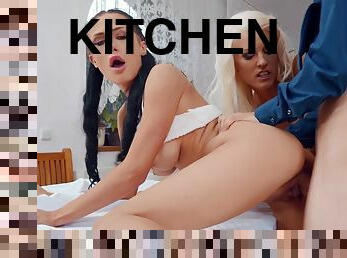 Blanche Bradburry and Nicole Love get fucked in the kitchen