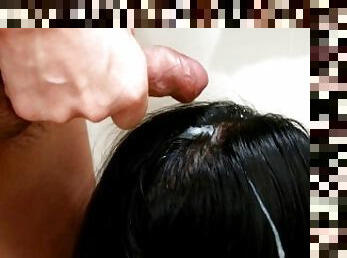 Thick White Cum on Her Long Silky Black Hair in the Shower