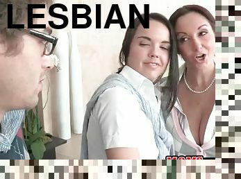 He gets horny watching two girls have lesbian sex