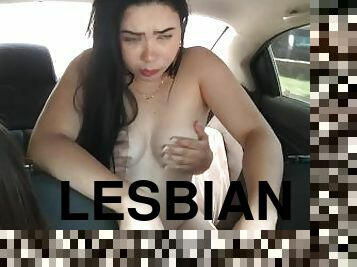 Threesome fucking with two sexy lesbian stepsisters in Uber