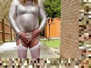 Amateur crossdresser Kellycd2022 sexy milf masturbation masturbating outdoor in stockings heels big cumshot pvc dress