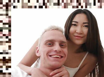 Cutie takes cum on her lips - Asian teen takes BWC in interracial couple hardcore
