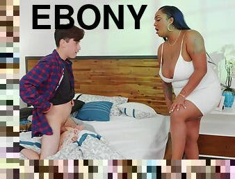 Thick ebony Layton Benton fucks tiny white boy in bed
