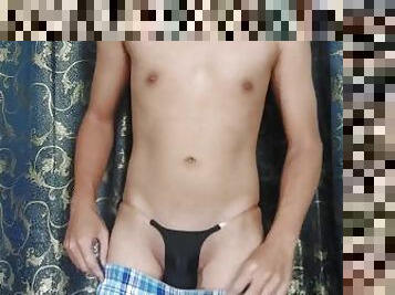 Asian Pinoy Showing Chastity Cage Cherry Keeper on Invisible Thong