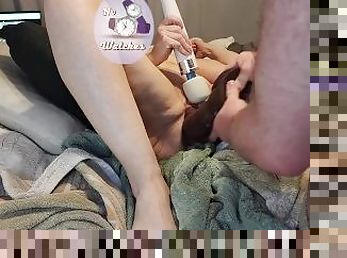using an xl stan from bad dragon on my wifes pussy, and her using a toy and fisting my gaping asshol