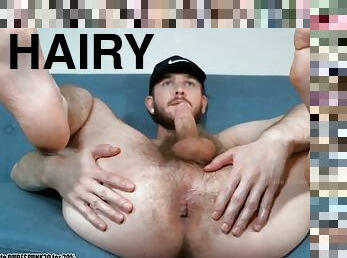 Young bearded boy str8 jerks off his huge cock and exposes his big hairy ass and feet with dirty talk