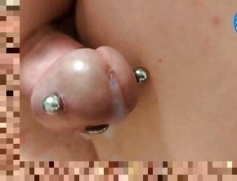 Closeup Handsfree Cum Pierced Cockhead Throbs Gushes Cum with Magic Cross Piercing