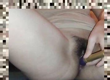 Single girl without boyfriend solo masturbating her hairy pussy with sex toy