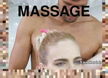 Blue eyed blonde sucks cock massage