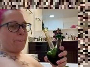 BBW stepmom MILF 420 smoking bong rips in the bath tub