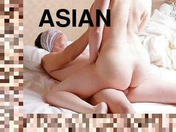 asiatisk, kone, moden, milf, japans, spiller, par, kyssende, sperm, gift