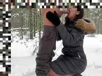 Sex In The Winter Snowy Forest Beauty Got Hot Cum On Her Face