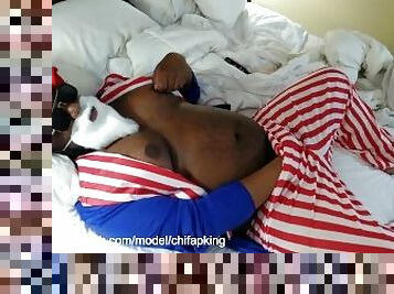 Black Chubby Uncle Sam Fucks Toy Pussy and Jerks Uncut Cock off in Bed, Cums on Hairy Belly