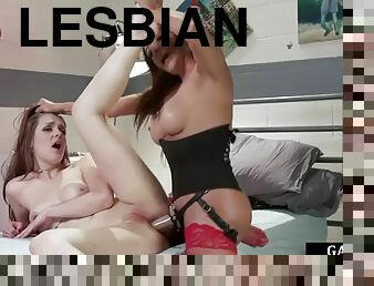 Gapping dyke fucked in the ass by lesbian milf nurse in latex