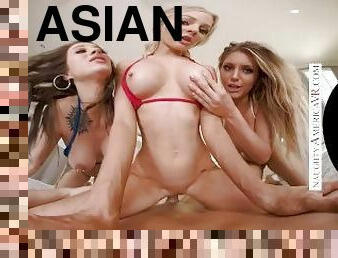 asiatique, gros-nichons, blonde, américaine, coquine, bout-a-bout, bikini, brunette