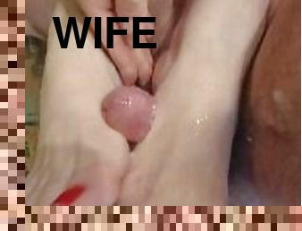 Wife Gives me an After Work Footjob.  Massive Cumshot. Sexy Red Toe Nails