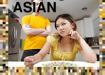 Pretty 18yo Asian Lulu Chu Banged by Stepbrother in the kitchen - cum in mouth