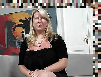 Fat and incredible blonde Janne Hollan is showing her giant boobies indoors
