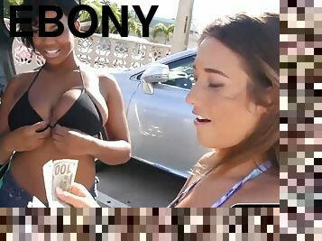 Ebony and babes exposed their white nice tits for money