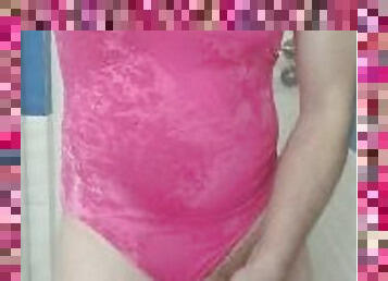 Boy cum on sexy Pink one piece swimsuit