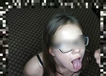 briller, svær, russisk, skolejente, student, cumshot, svelging, facial, cum, søt