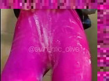 Showering in hot pink leggings and leg warmers - extra bubbles - wetlook