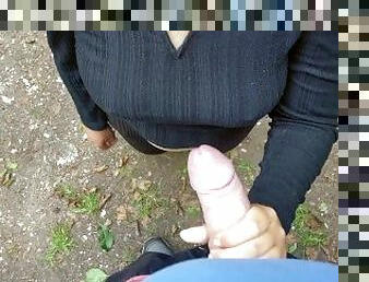 Wow I jerk him off in public and make his jummy cock cum on my black shirt with his thick cum