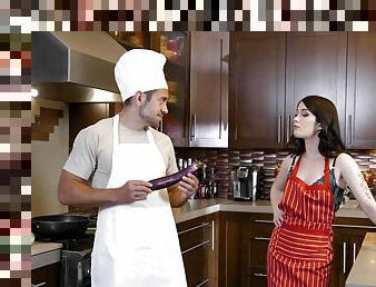 Thirsty brunette fucks the cook after slutty blowjob