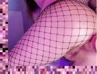 A Teen With Perfect Tits Masturbates, Sucks a Dildo and Fucks herself in Anal in a Fishnet Outfit