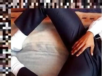 playing with bulge with socks in tight satin suit trousers